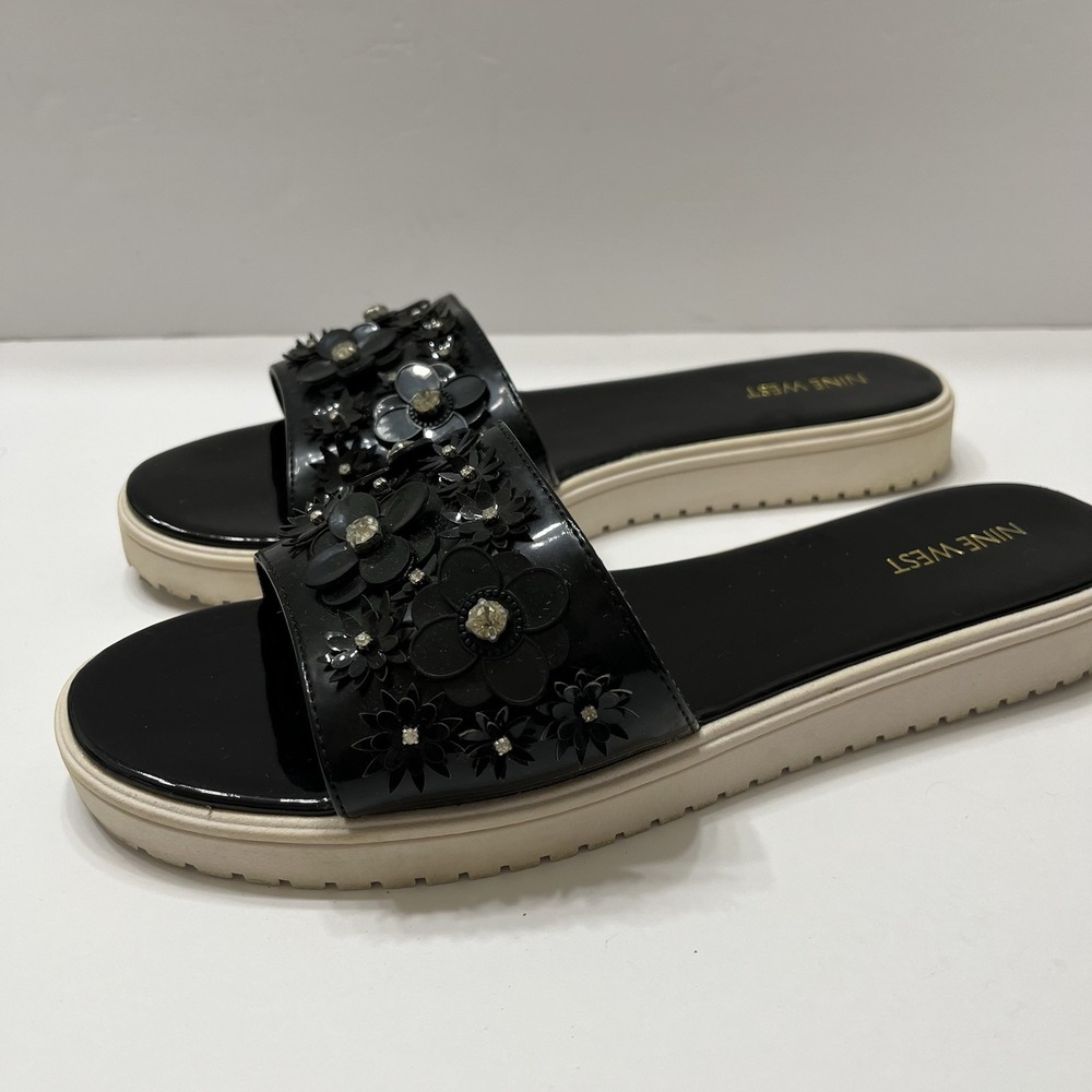 Nine West Rainen Slide Sandal Black 3D Floral Crystal Appliqués Women's 10